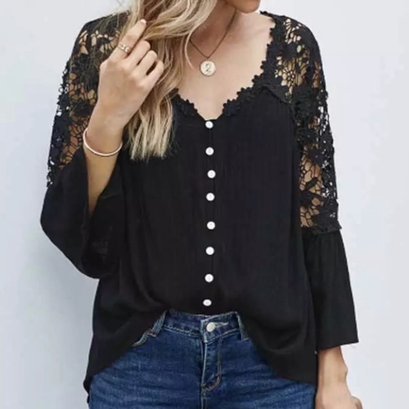 SOLD OUT Black Boho Crochet Lace Button Up Blouse Top - Picture 5 of 5